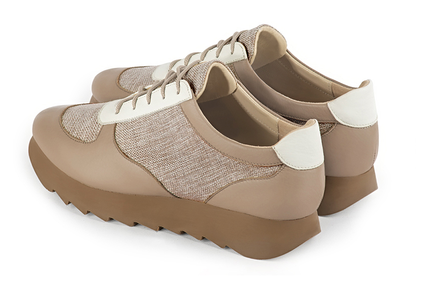 Tan beige and off white women's three-tone elegant sneakers. Round toe. Low rubber soles. Rear view - Florence KOOIJMAN